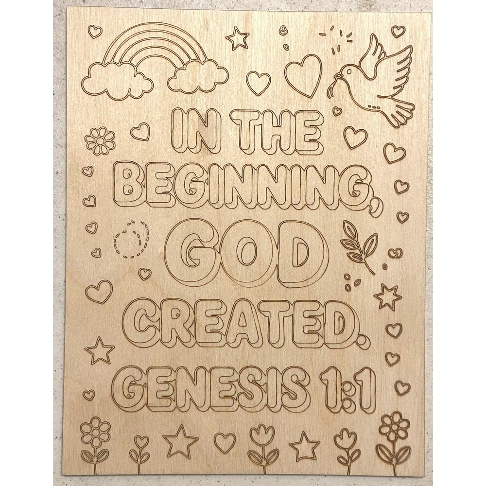 Wood Coloring Board - 1/8" Plywood - 7x9 - In The Beginning GOD - S626